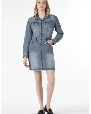 Rochie-camasa din denim cu fermoar, Albastru prafuit