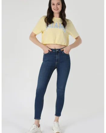 Blugi crop cu talie medie, Albastru inchis
