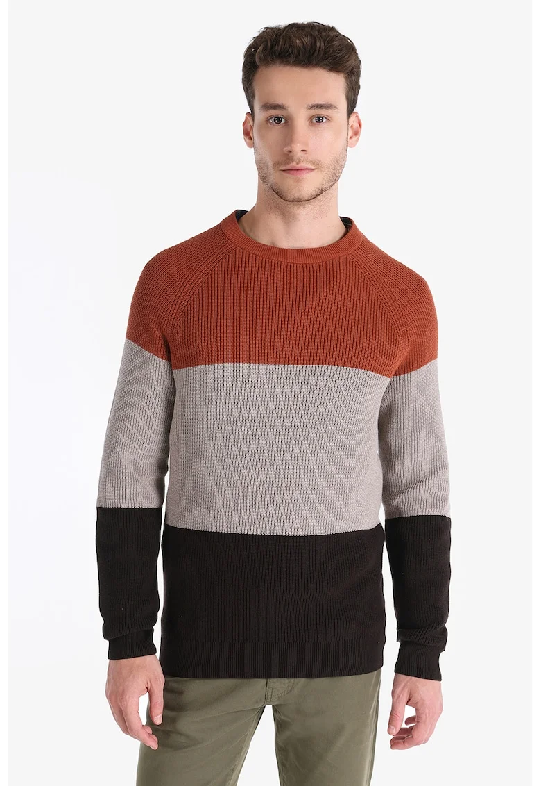 Pulover cu decolteu la baza gatului si maneci raglan, Negru/Maro taupe deschis/Caramiziu