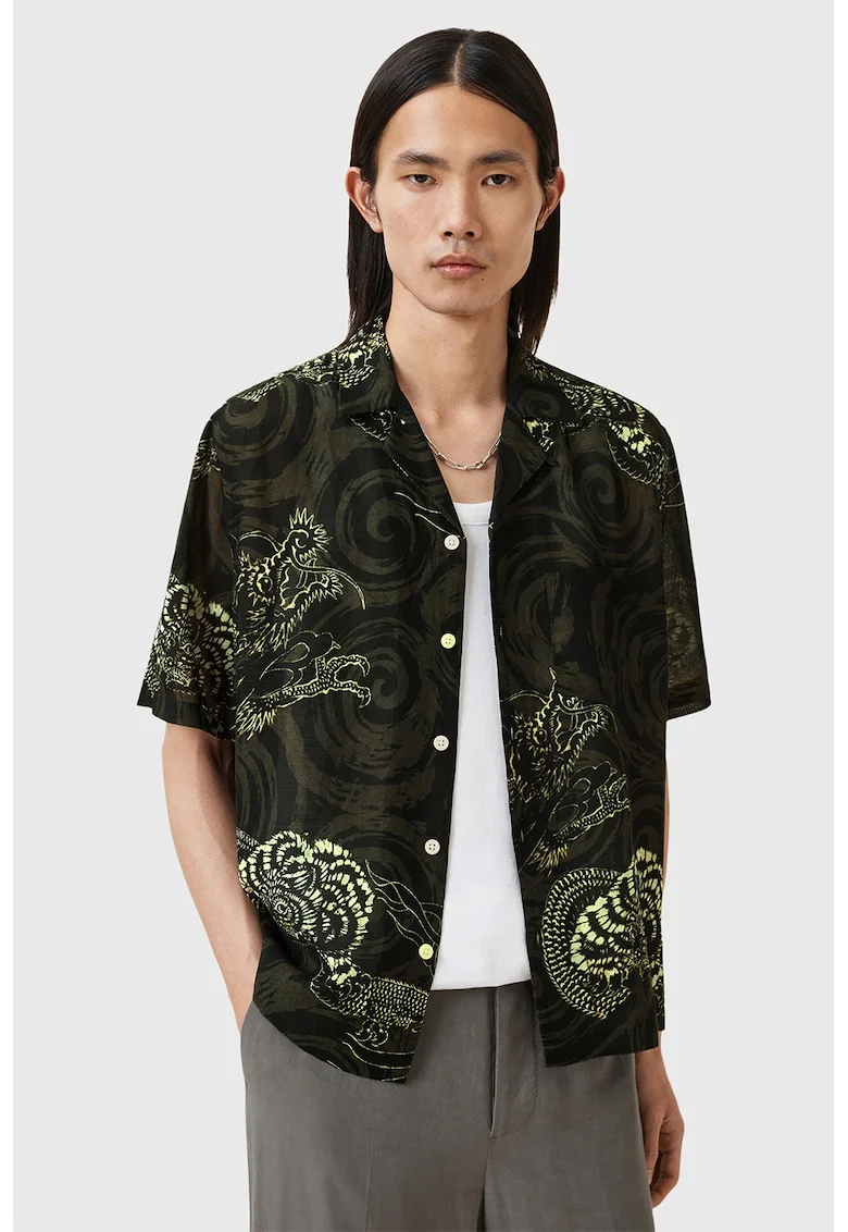 Camasa din amestec de in cu model chinezesc traditional Sidewinder, Negru/Verde padure