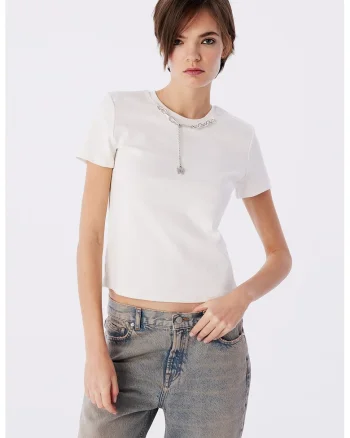 Tricou din amestec de bumbac cu detaliu de lant, Alb
