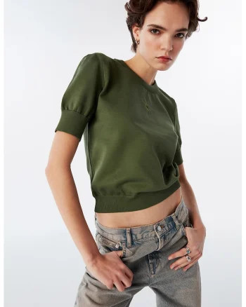 Pulover crop cu broderie, Negru stins