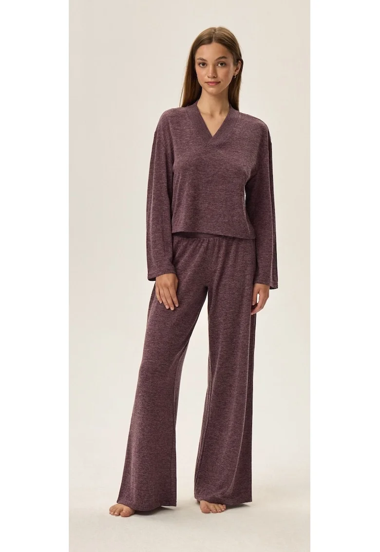 Pijamale dama,  violet, material tricotat din viscoza, decolteu in V, lungi