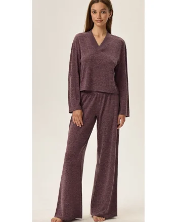 Pijamale dama,  violet, material tricotat din viscoza, decolteu in V, lungi