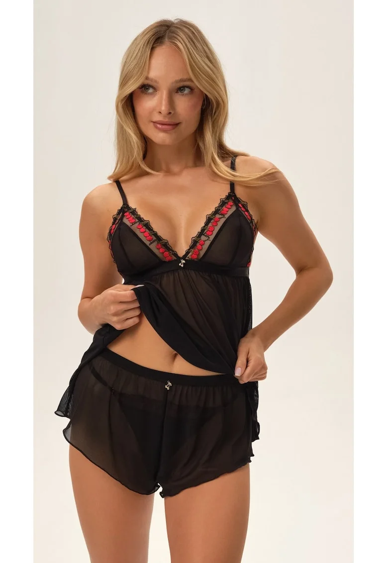 Pijama dama  Zezzy, negru, cupe din plasa, broderie cirese, poliester