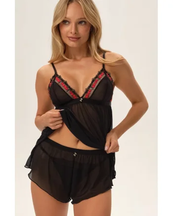 Pijama dama  Zezzy, negru, cupe din plasa, broderie cirese, poliester