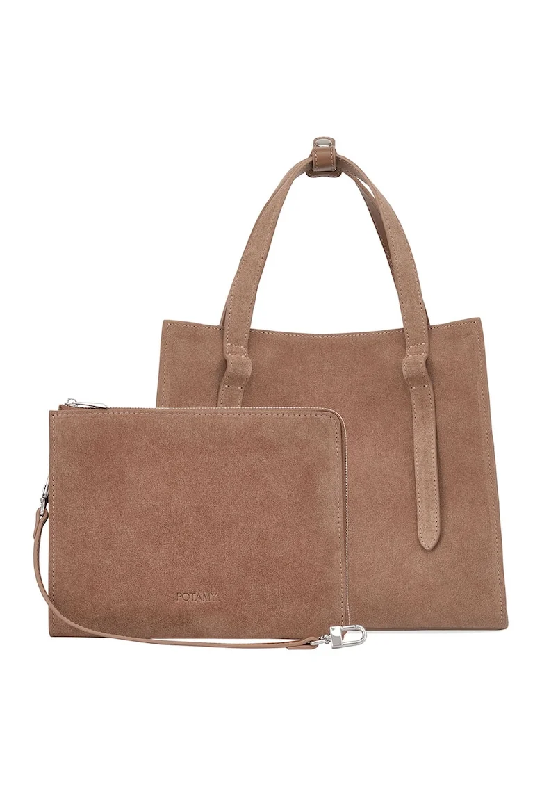 Geanta shopper din piele intoarsa cu etui, Maro deschis