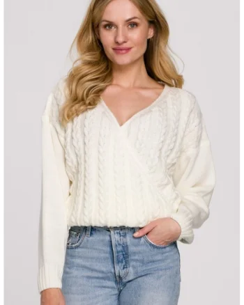 Pulover cu design cu torsade, Ecru