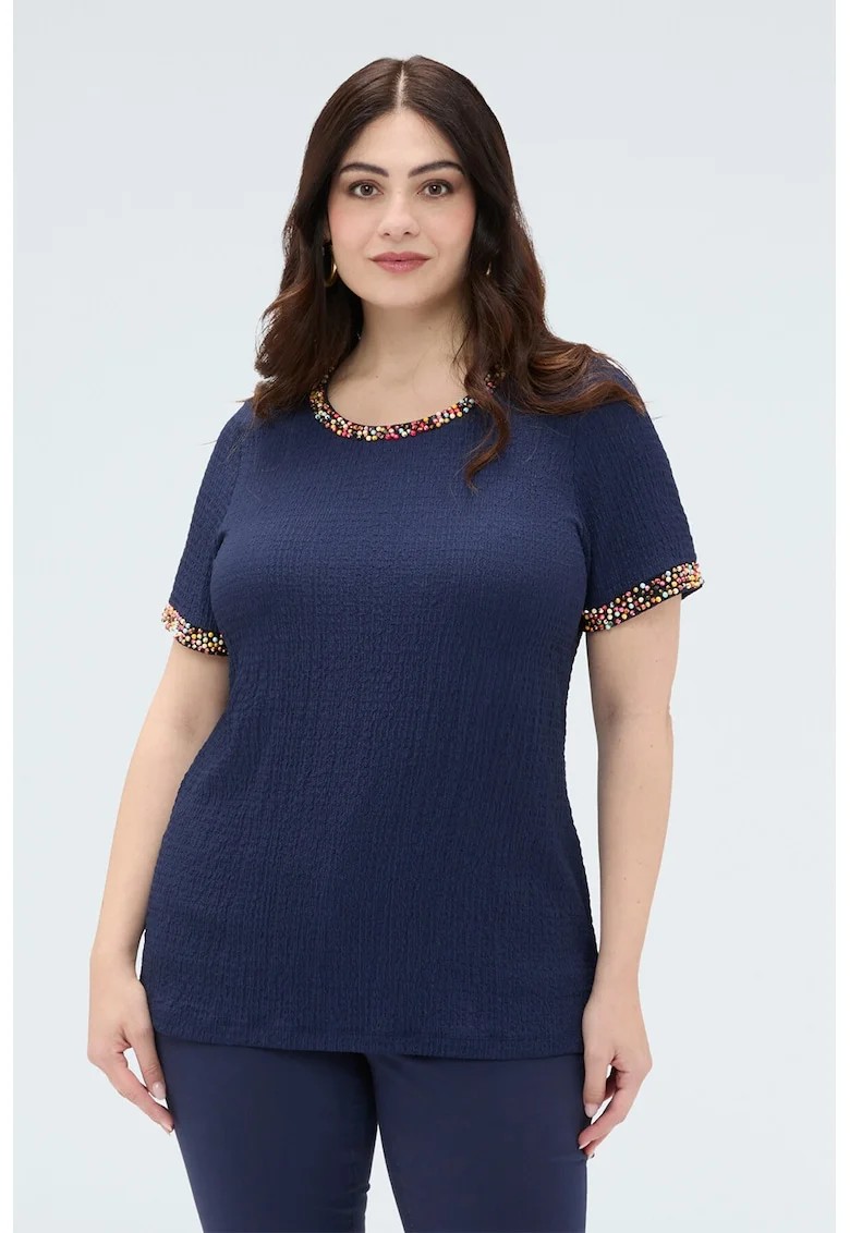 Tricou texturatcu decolteu rotund, Albastru inchis