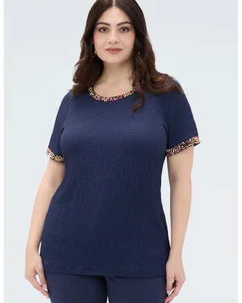 Tricou texturatcu decolteu rotund, Albastru inchis