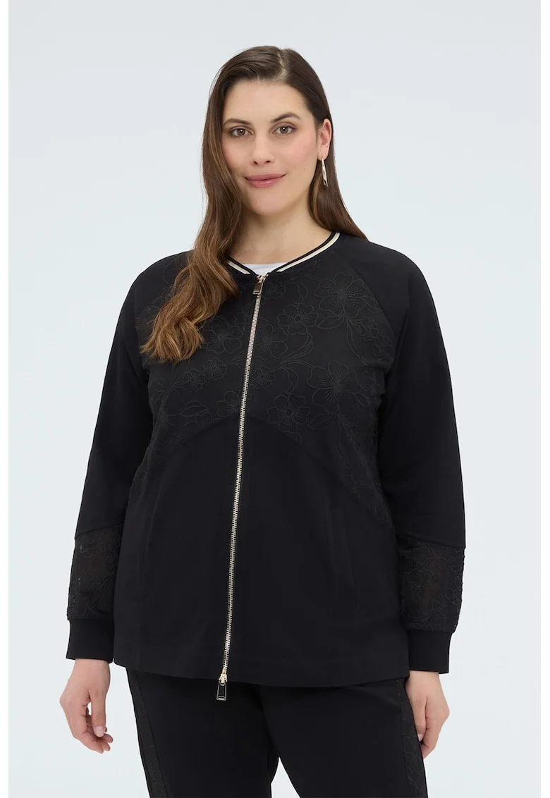 Bluza de trening din amestec de bumbac cu broderie florala, Negru