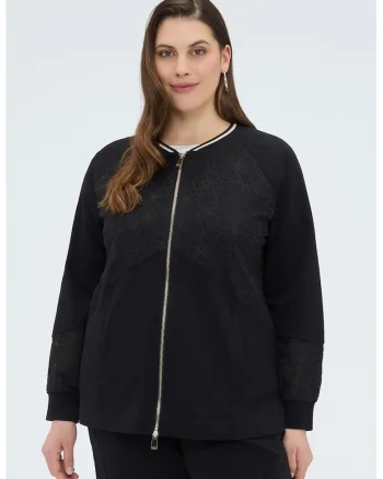Bluza de trening din amestec de bumbac cu broderie florala, Negru