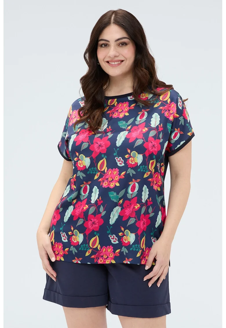 Tricou cu decolteu rotund si imprimeu floral, Verde/Roz/Bleumarin