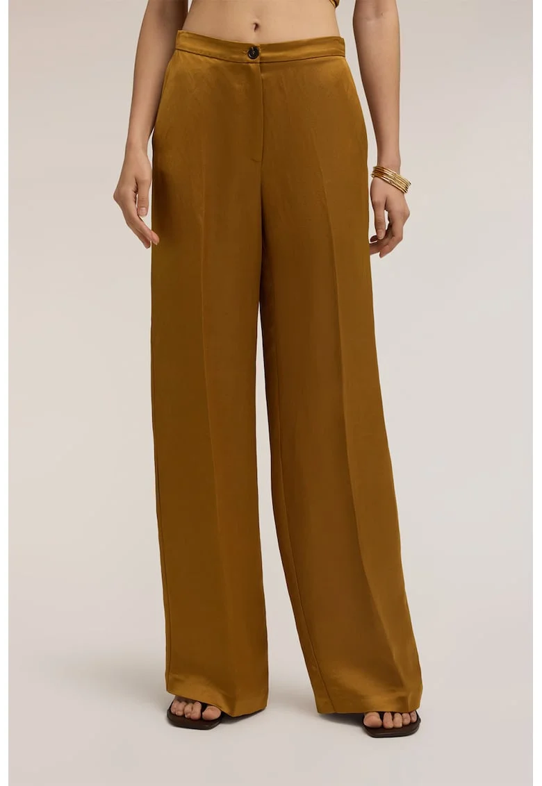 Pantaloni din amestec de in, cu croiala ampla si pensa, Ocru