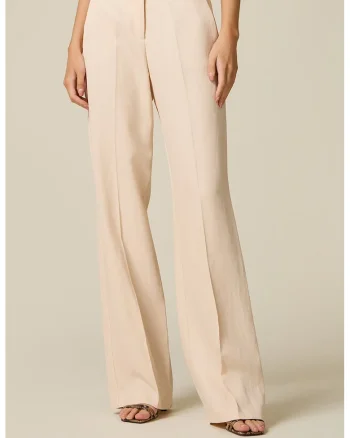 Pantaloni eleganti drepti din amestec de in, Crem