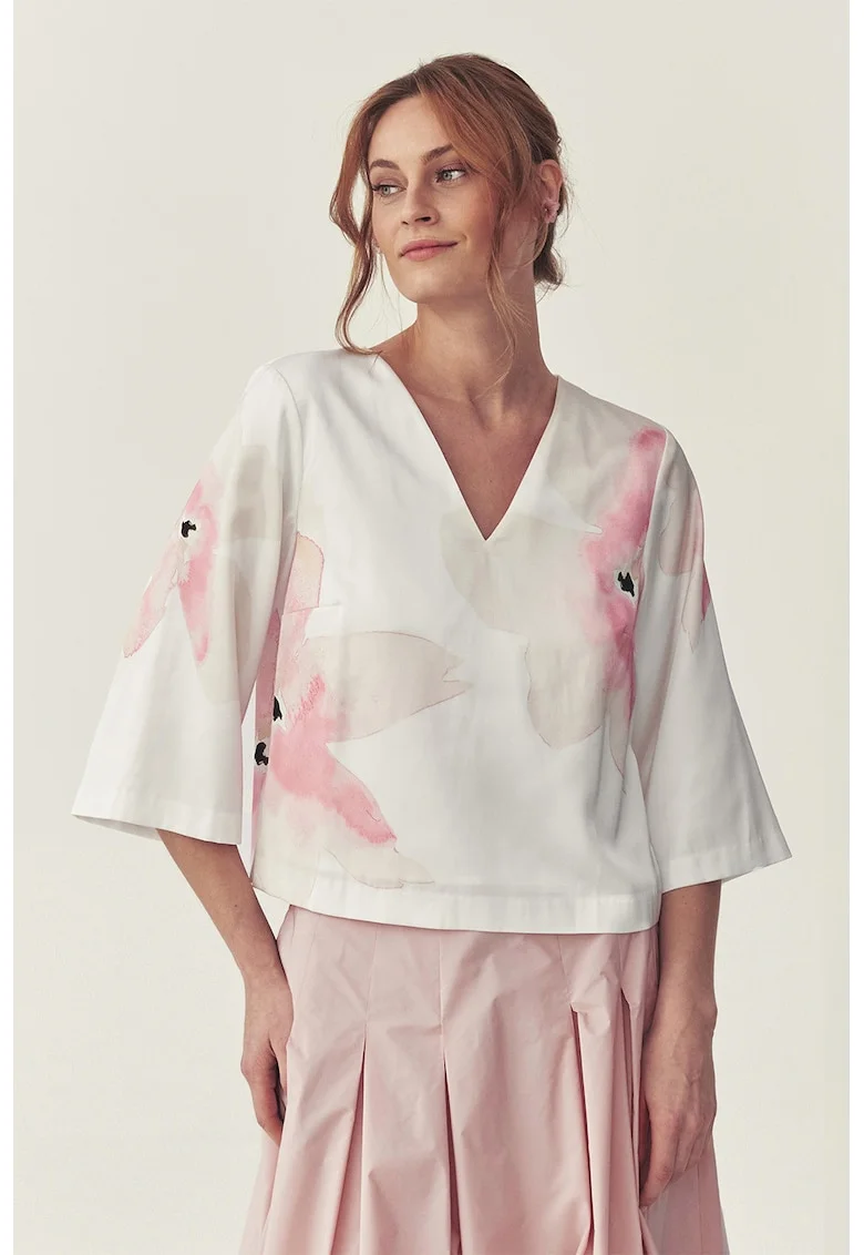 Bluza cu decolteu in V, imprimeu floral si maneci 3/4, Alb/Roz
