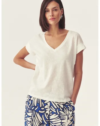 Tricou cu decolteu in V si aspect semitransparent, Alb murdar