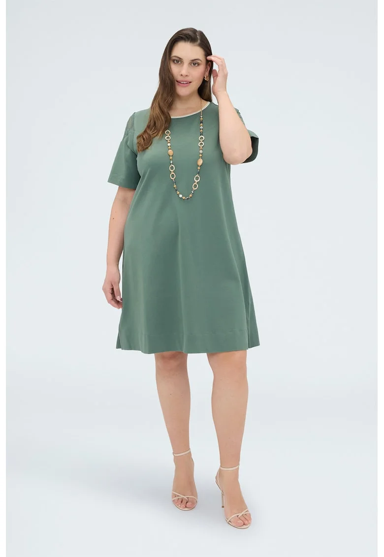 Rochie scurta cu croiala evazata si insertii din dantela cu model floral pe maneci, Verde sparanghel