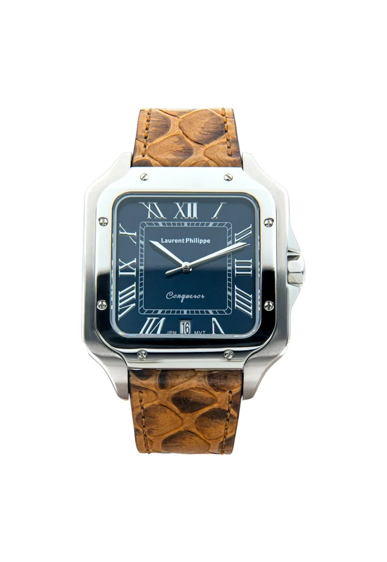 Ceas bărbațesc  Conqueror, cadran albastru safir, curea piele de șarpe Golden Venin, mecanism quartz, inox