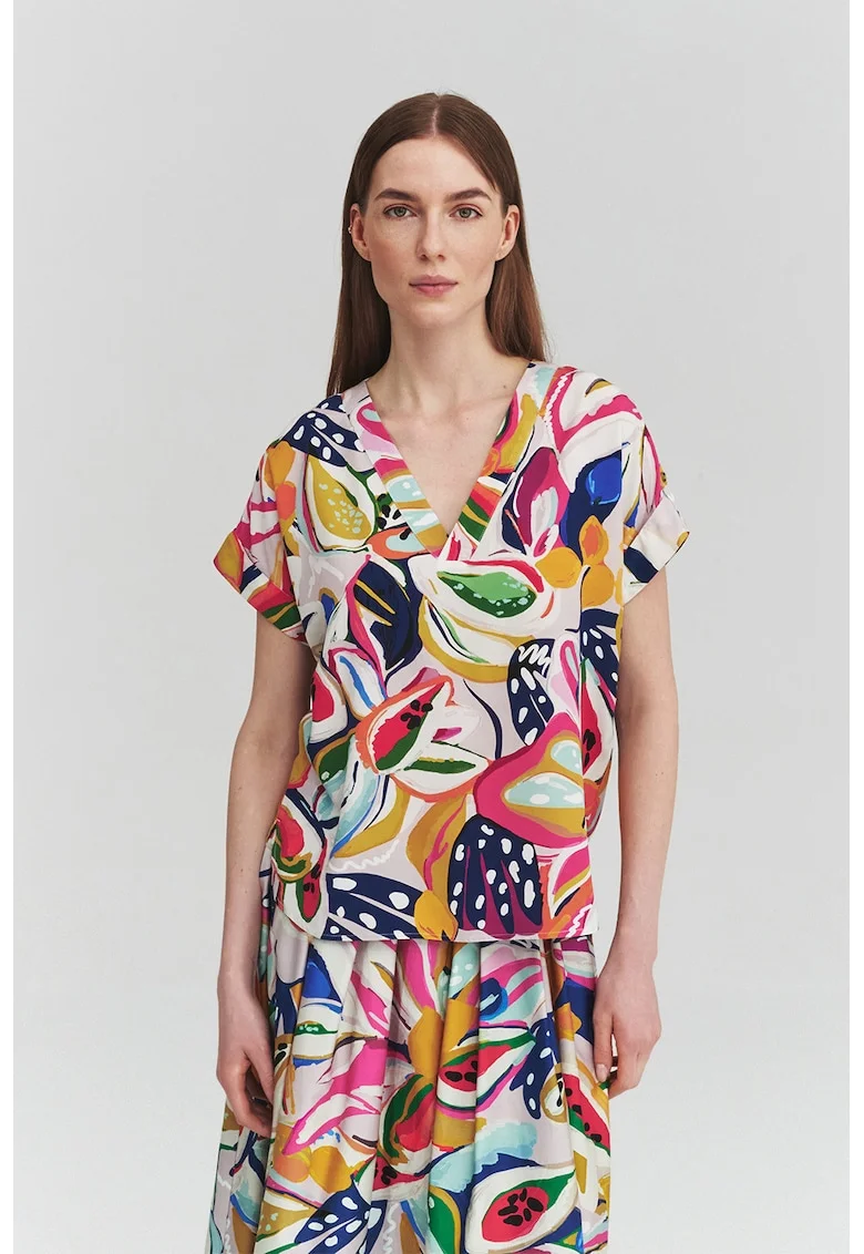 Bluza cu decolteu in V si imprimeu floral, Rosu/Alb/Galben sofran