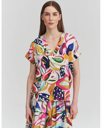 Bluza cu decolteu in V si imprimeu floral, Rosu/Alb/Galben sofran