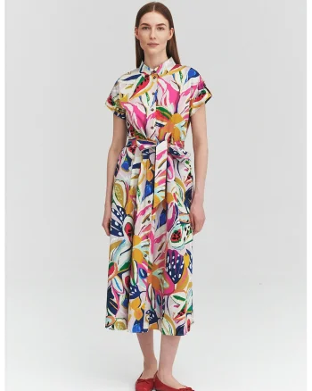Rochie-camasa de bumbac cu cordon, Rosu/Alb/Galben sofran