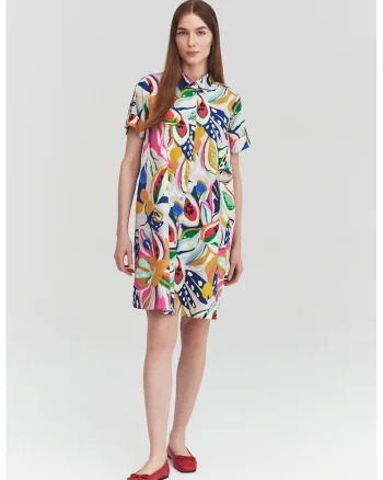 Rochie-camasa mini cu model grafic, Rosu/Alb/Galben sofran