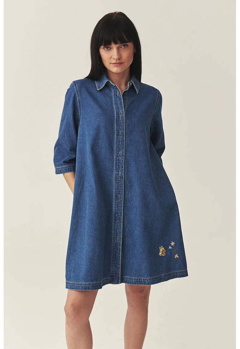 Rochie-camasa din denim cu broderii florale, Albastru oceanic