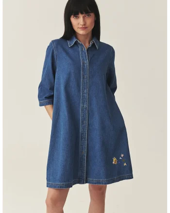 Rochie-camasa din denim cu broderii florale, Albastru oceanic