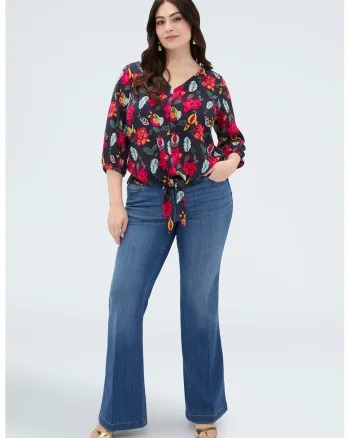 Bluza cu decolteu in V si model floral, Multicolor
