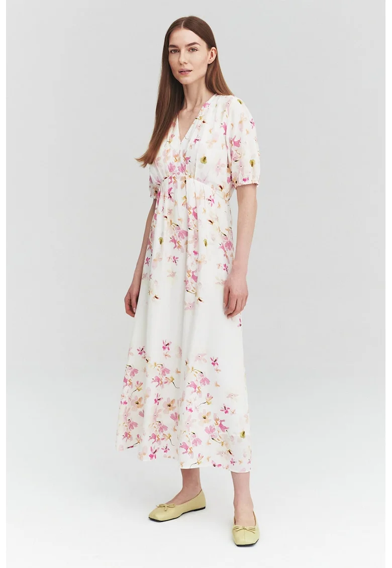 Rochie midi din amestec de in cu decolteu in V si maneci bufante, Roz/Crem