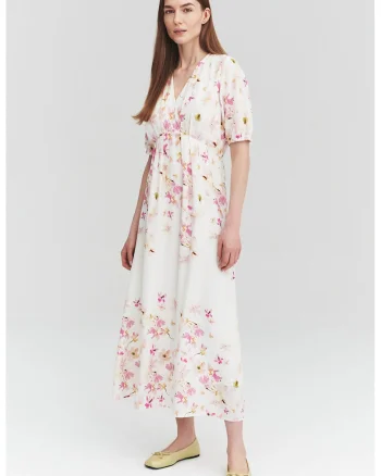 Rochie midi din amestec de in cu decolteu in V si maneci bufante, Roz/Crem
