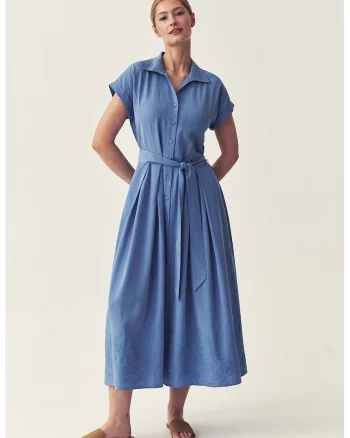 Rochie din in si lyocell cu broderie, Albastru deschis