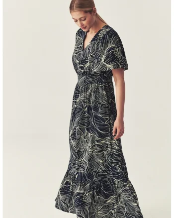 Rochie cu imprimeu si terminatie cu volane, Albastru ultramarin/Crem