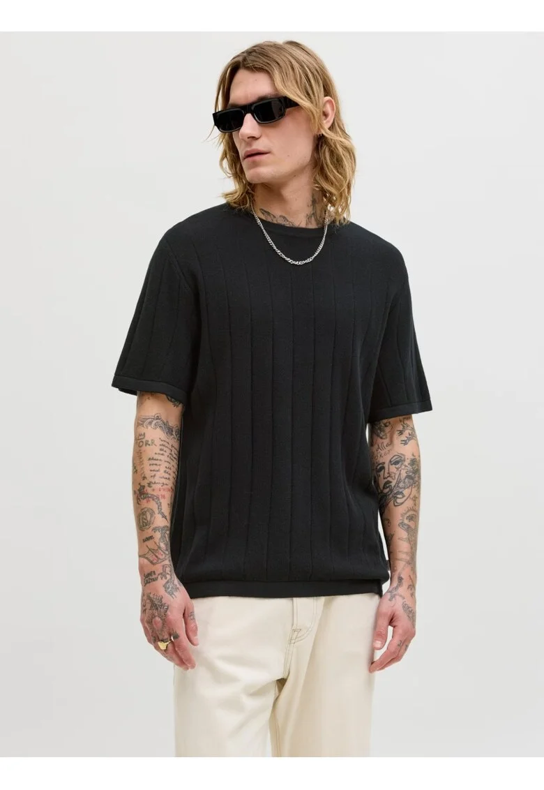 Tricou barbati la baza gatuilui, din bumbac organic, Relaxed Fit, JJEBRADLEY, Negru,