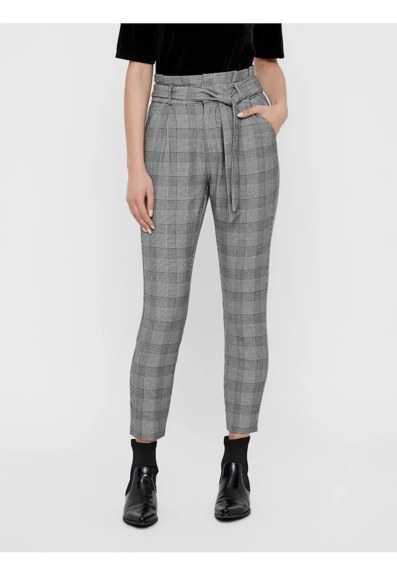 Pantaloni cu talie inalta cu model in carouri