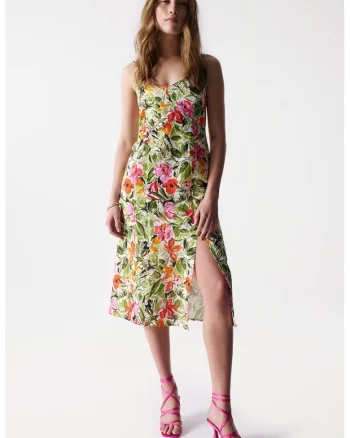 Rochie din amestec de in cu crapatura pe picior si model floral