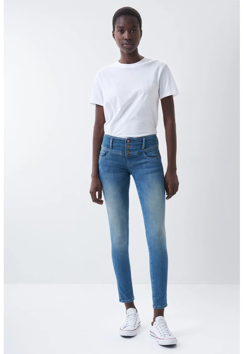 Blugi skinny crop cu aspect prespalat si talie medie