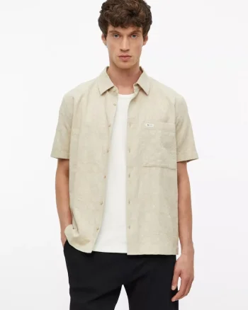 Camasa barbati cu model, din bumbac, Relaxed fit, Bej