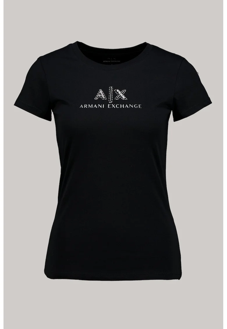 Tricou de bumbac cu decolteu rotund si logo, Negru/Argintiu