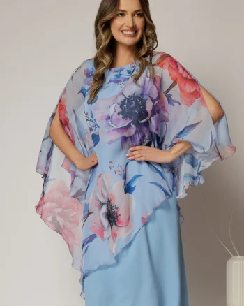 Rochie midi bleu eleganta cu capa din voal cu imprimeu floral