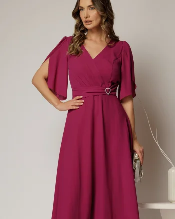 Rochie midi magenta din triplu voal cu decolteu in V