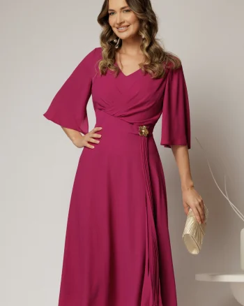 Rochie midi magenta din triplu voal cu decolteu in V si maneci scurte evazate