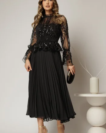 Rochie midi neagra de seara din voal plisat cu perle si paiete