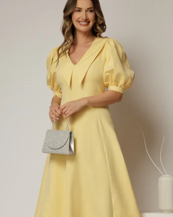 Rochie DY Fashion galbena in clini cu guler ascutit si maneci scurte bufante