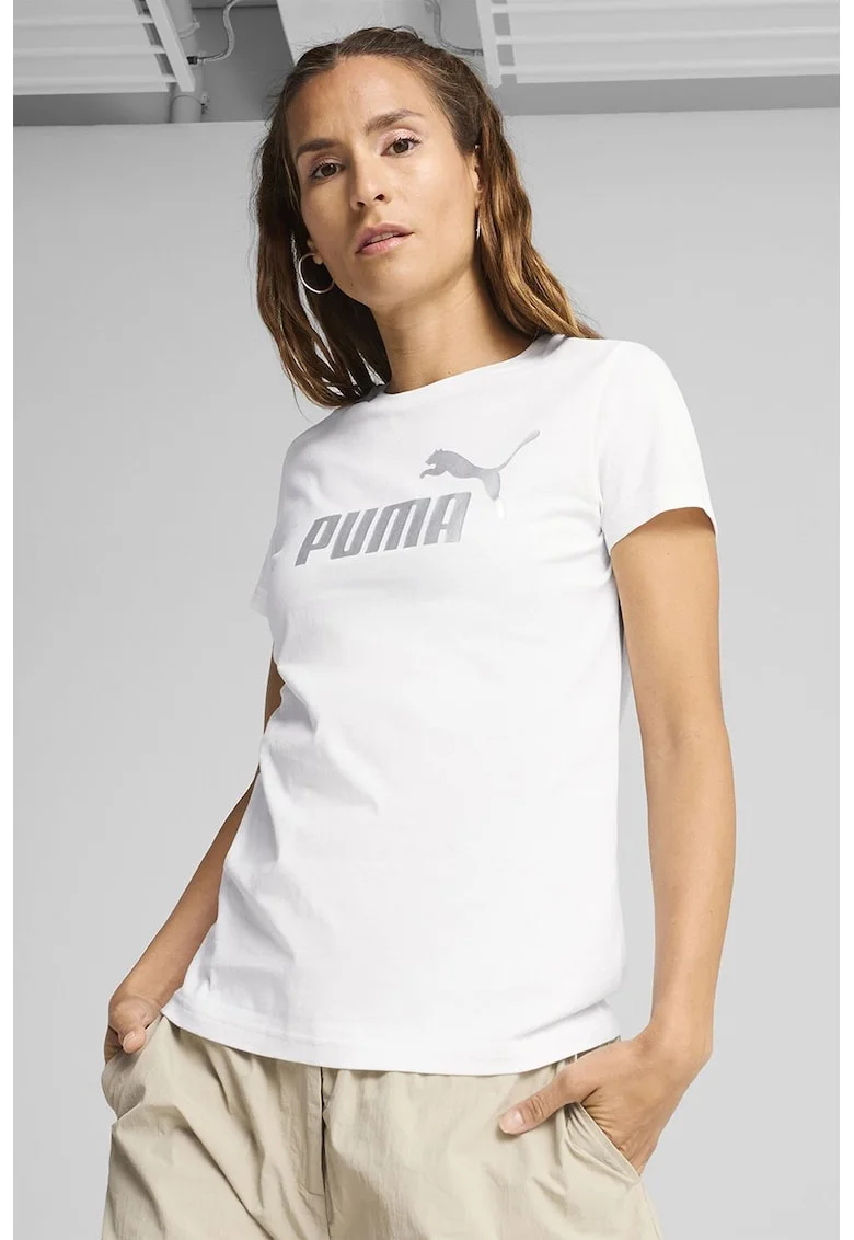 Tricou din bumbac cu imprimeu logo, Alb optic/Argintiu