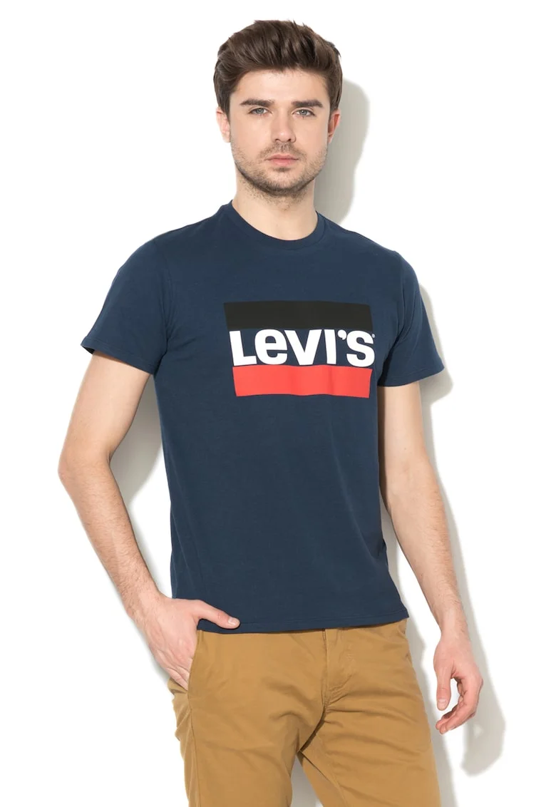 Tricou cu decolteu la baza gatului si logo, Albastru