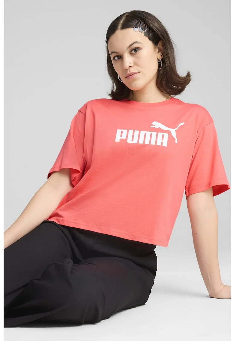 Tricou cu imprimeu logo si maneci cazute, Alb/Coral