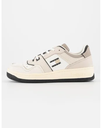 Pantofi sport de piele si piele intoarsa cu logo, Alb/Grej