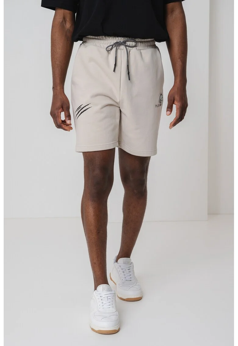 Pantaloni scurti cu snur si imprimeu logo, Grej